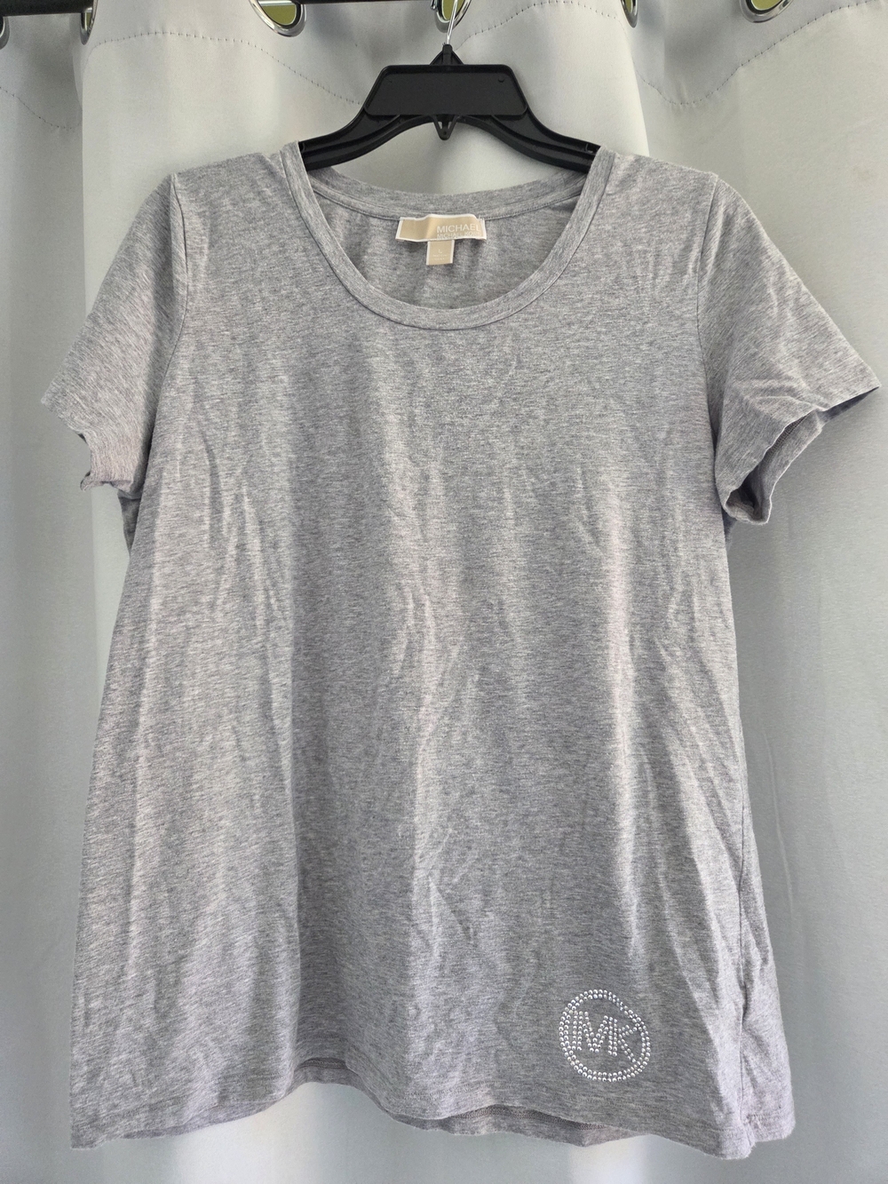 MICHAEL KORS Heather Gray Rhinestone Bling MK Logo T-Shirt - Size L